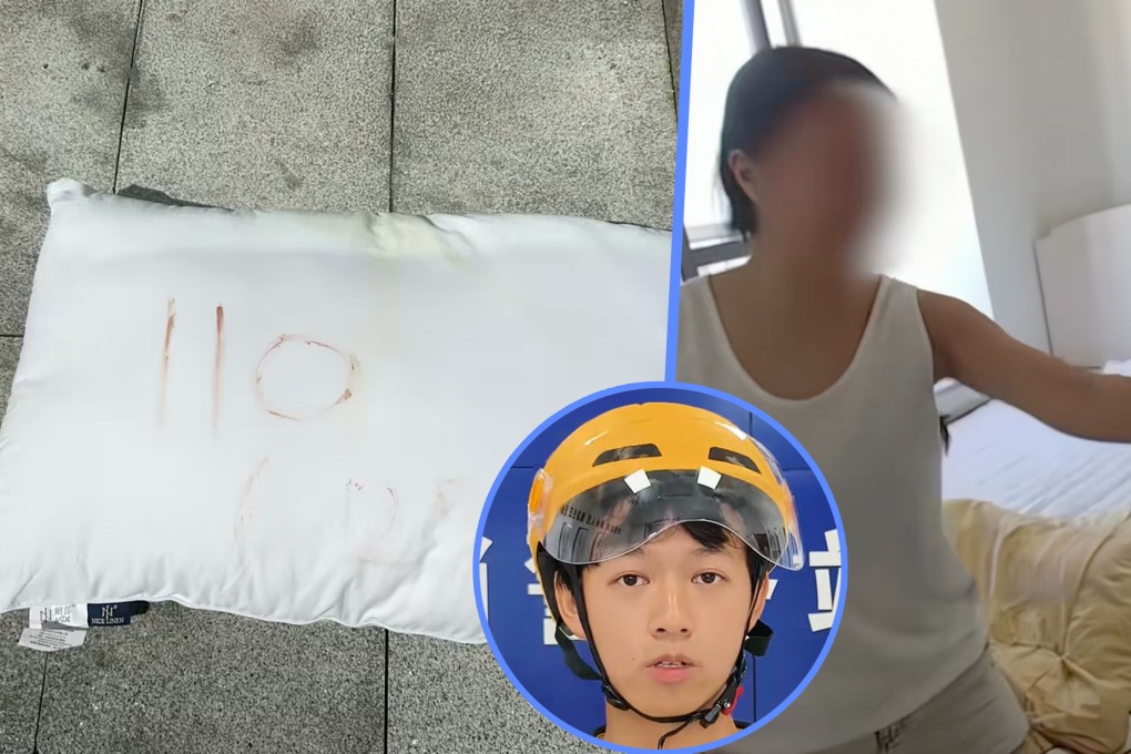 A driver in China discovered a pillow with 110 written on it while delivering food, saving a woman who had been trapped in her bedroom for 30 hours. Photo: SCMP composite/Douyin