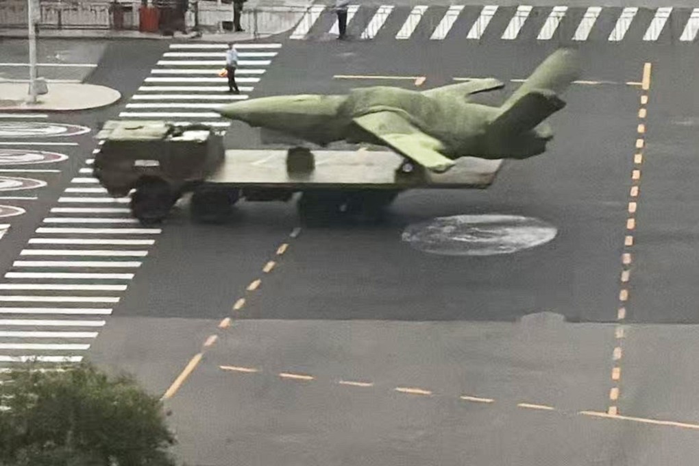 A photo leaked online purports to show a truck-mounted FH-97stealth drone rolling down a street in central Beijing. Photo: Handout