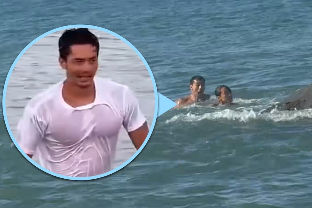 A Chinese police officer leaped into the sea to rescue a man in distress, and a photograph of him emerging from the water in a wet T-shirt quickly went viral. Photo: SCMP composite/Douyin