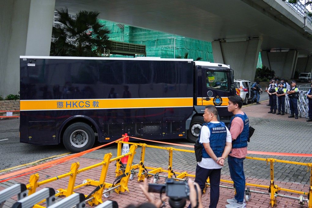 A prison van enters West Kowloon Court on Wednesday as the marathon national security trial of Apple Daily founder Jimmy Lai Chee-ying continued. Photo: Eugene Lee
