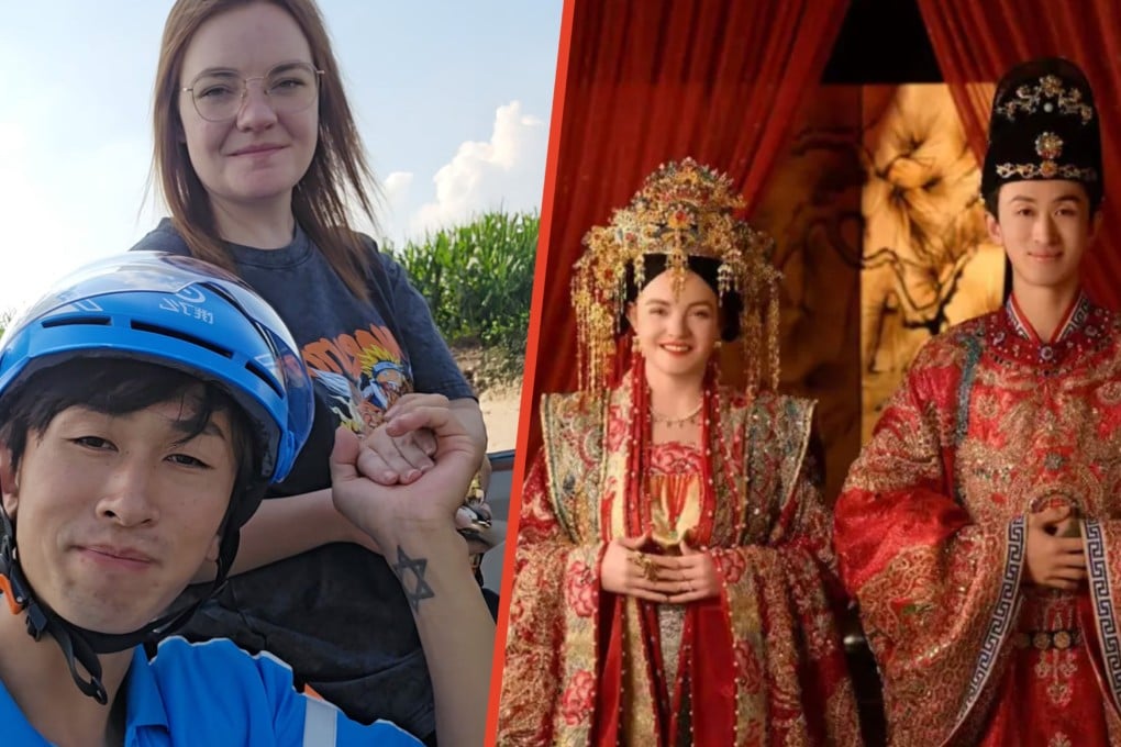 Romance flourished unexpectedly after a deliveryman in China met an American nursery teacher in a lift and greeted her with the words  “I love you,”; they married five months later. Photo: SCMP composite/ifeng/Jimu