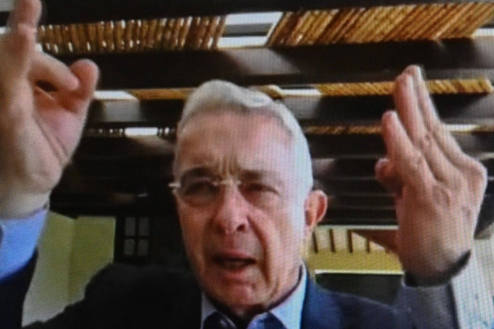 A screen grab from a live broadcast shows Colombian former president Alvaro Uribe during his sentencing hearing in Bogota on Friday. Photo: Juzgados Especializados de Paloquemao via AFP / Handout