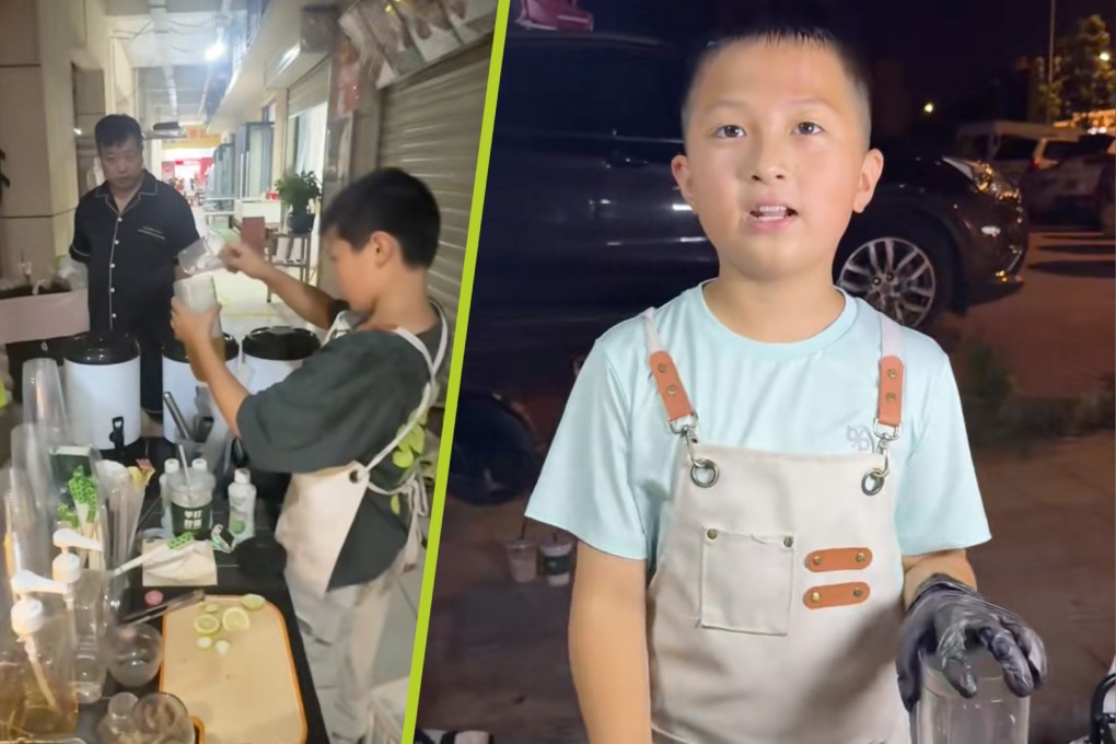An 11-year-old boy in China who earns US$550 a month selling milk tea has been described by his mother as having a keen business sense. Photo: SCMP composite/Douyin