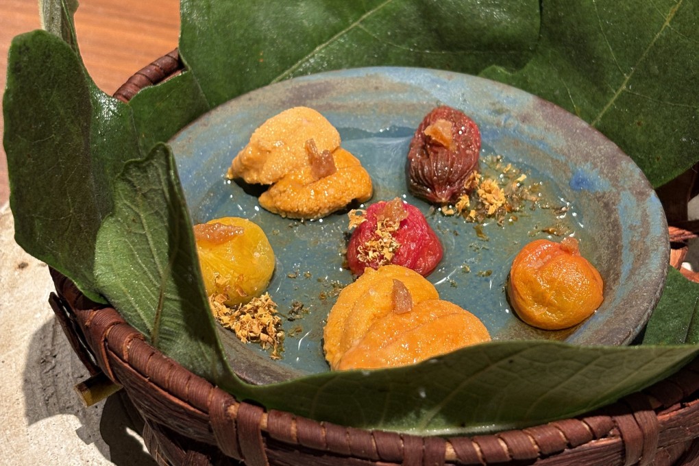 Tomatoes and sea urchin with pumpkin bushi at the Noma pop-up in Taipei, Taiwan. Photo: Charmaine Mok