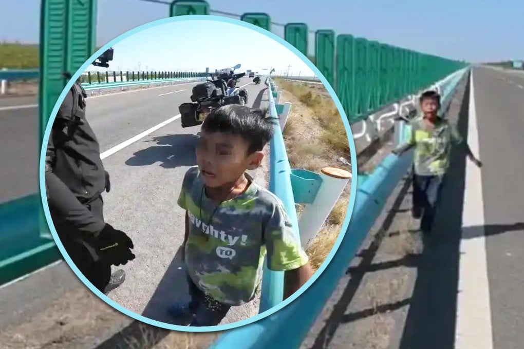A young boy was abandoned on a highway in China by his father following a fight with his older brother in the family’s car. Photo: SCMP composite/Baidu