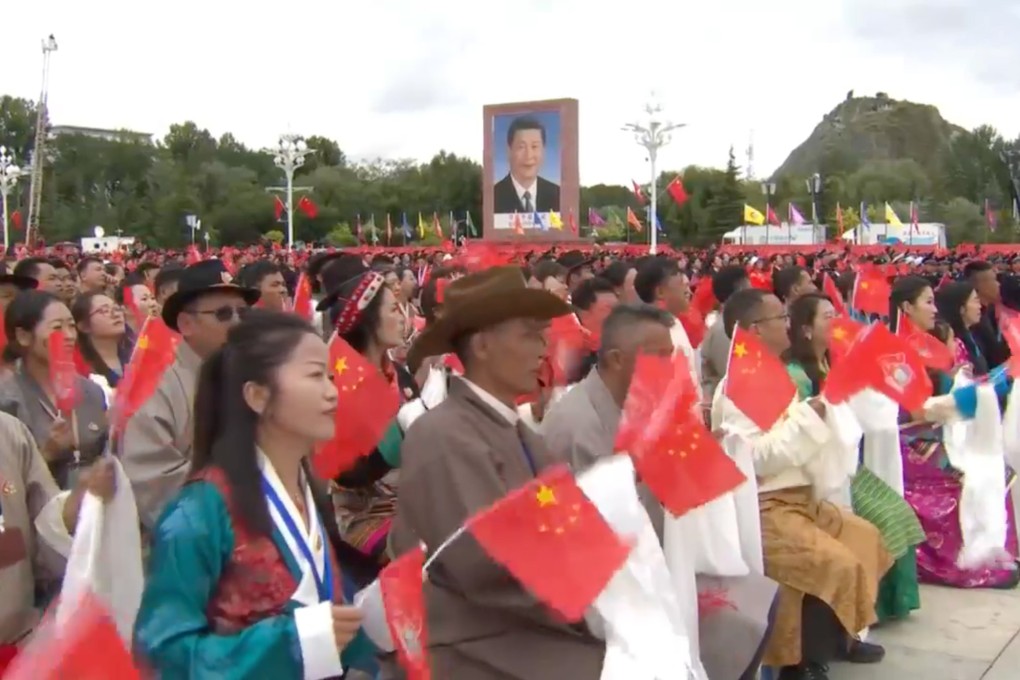 More than 20,000 people gathered for a ceremony in Lhasa on Thursday morning to celebrate the 60th anniversary of the founding of the Tibet autonomous region in the presence of China’s leader Xi Jinping. Photo: CCTV