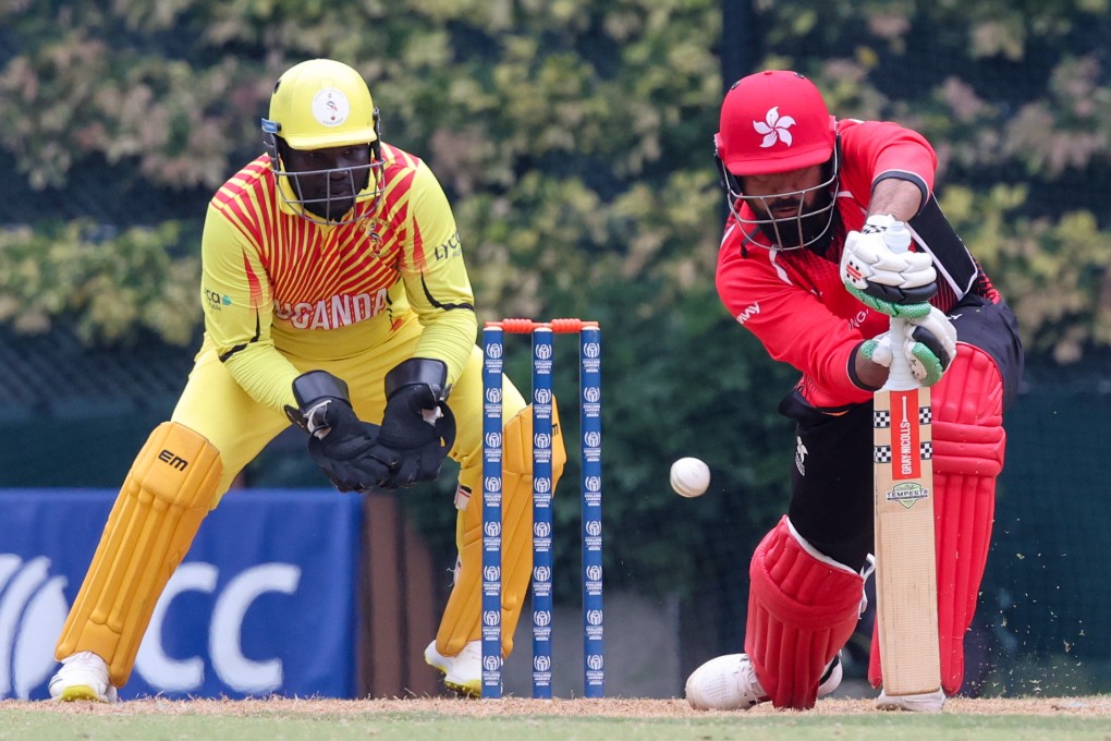 Hong Kong’s Nizakat Khan (right) bats against Uganda in a Cricket World Cup Challenge League B match at Kowloon Cricket Club in February. Photo: Dickson Lee