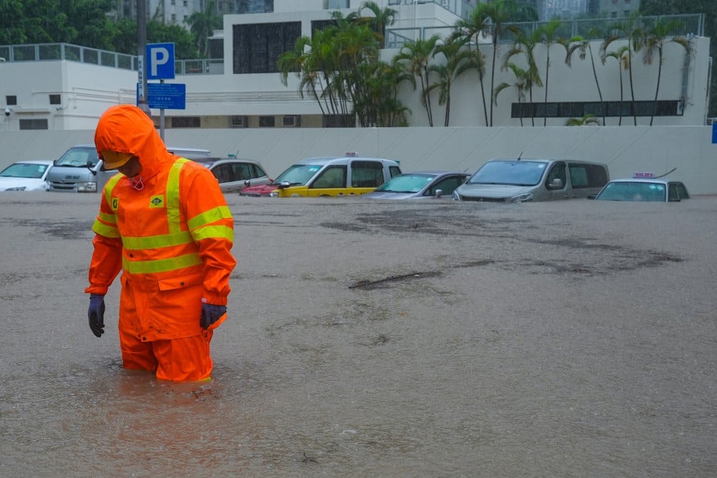 An outdoor car park in Tseung Kwan O was flooded during heavy rainfall earlier this month. Photo: May Tse