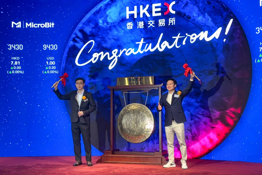 MicroBit Capital Management chief investment officer Kenny Khuong (left) and CEO Wilson Fung at the gong-striking ceremony on Thursday to launch trading of the ETFs. Photo: Julie Zhang