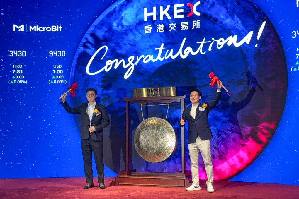 MicroBit Capital Management chief investment officer Kenny Khuong (left) and CEO Wilson Fung at the gong-striking ceremony on Thursday to launch trading of the ETFs. Photo: Julie Zhang