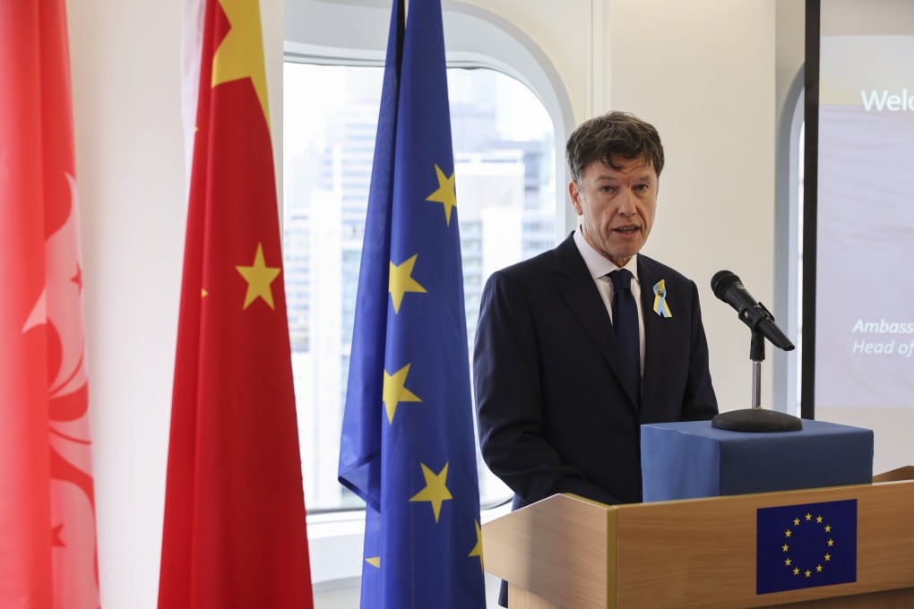 Harvey Rouse, head of the EU’s office for Hong Kong and Macau, delivers a speech at an Independence Day of Ukraine reception. Photo: Nora Tam