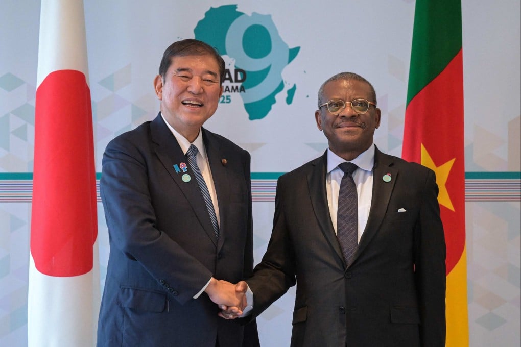 Japan’s Prime Minister Shigeru Ishiba, left, greets Cameroon’s Prime Minister Joseph Ngute at their bilateral meeting on the sidelines of the second day of the ninth Tokyo International Conference on African Development, in Yokohama, Kanagawa prefecture, south of Tokyo, on August 21. Photo: AFP