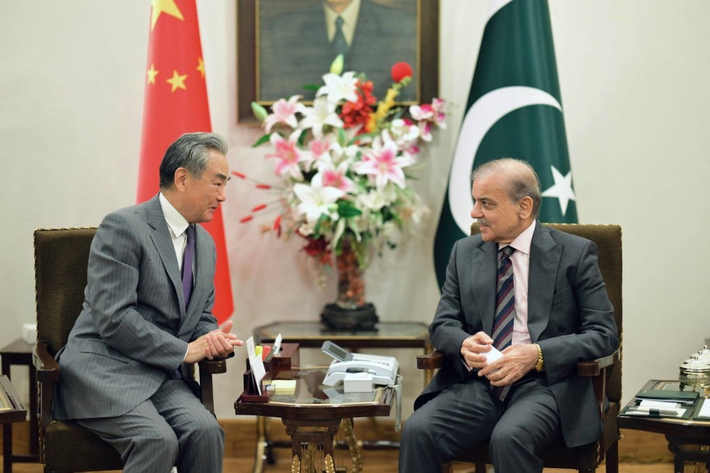 Chinese Foreign Minister Wang Yi (left) and Pakistan’s Prime Minister Shehbaz Sharif in Islamabad on Thursday. Photo: AFP
