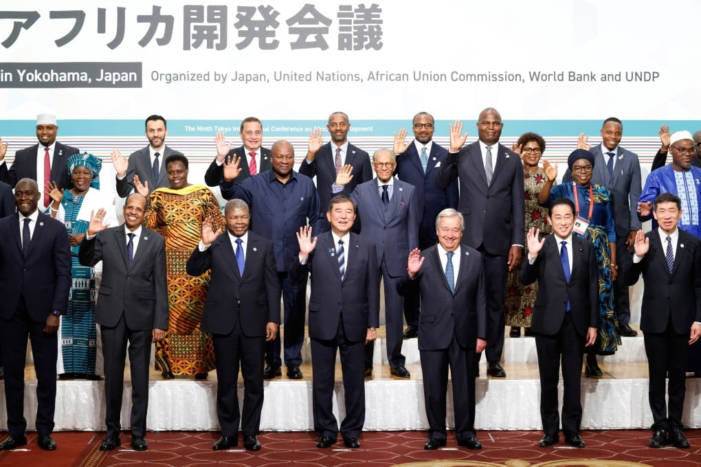 Japanese Prime Minister (front row, centre) and former leader Fumio Kishida (front row, second from right) with African leaders at the Tokyo International Conference on African Development in Yokohama on Wednesday. Photo: AP