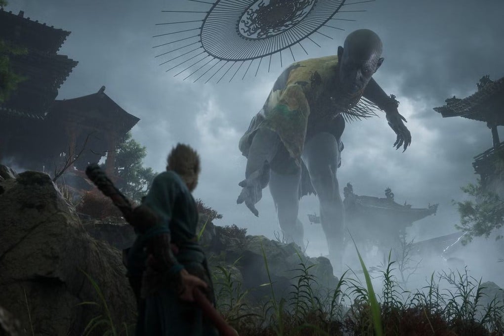 Wukong battles a giant boss enemy in the video game Black Myth: Wukong. Image: Game Science