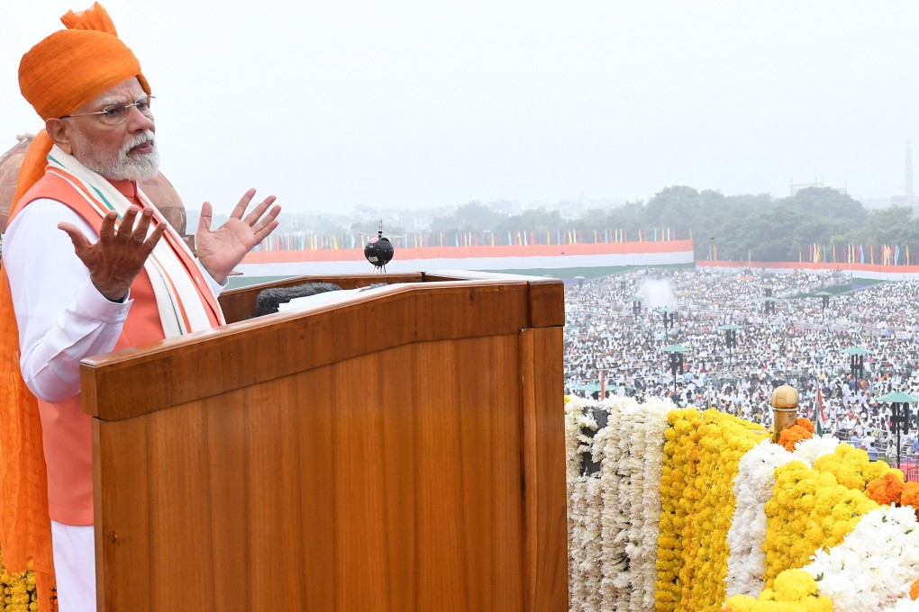 Indian Prime Minister Narendra Modi addresses the nation during Independence Day celebrations at the Red Fort in New Delhi on August 15. Photo: EPA