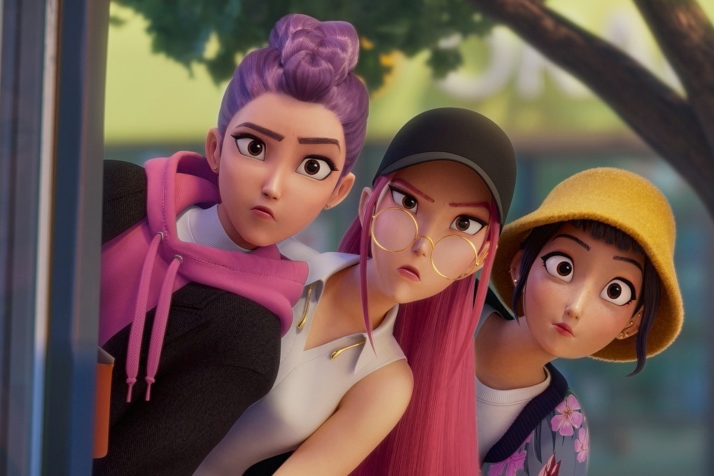 Huntr/x members (from left) Rumi, Mira, and Zoey in a scene from “KPop Demon Hunters”. Photo: Netflix/AP