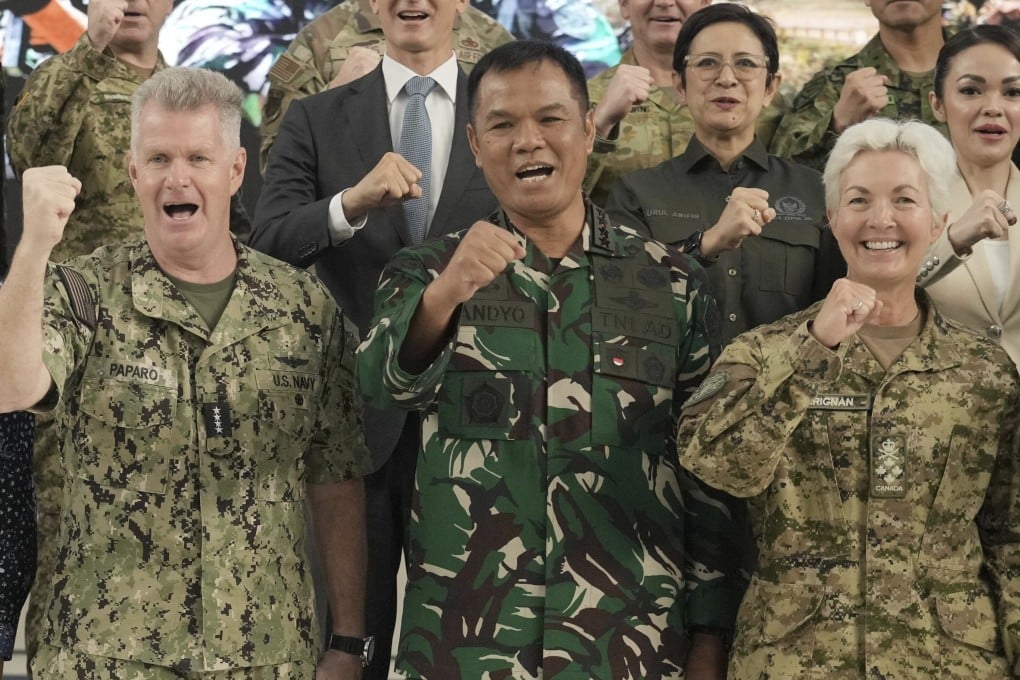 Military chiefs from the US, Indonesia and Canada at the opening ceremony of the “Super Garuda Shield” drills on Monday. Photo:AP