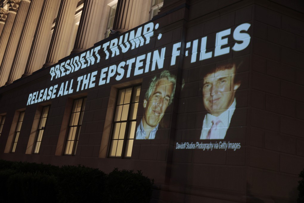 An image of US President Donald Trump and Jeffrey Epstein is projected on to the US Department of Commerce headquarters on July 18. Photo: Getty Images / TNS