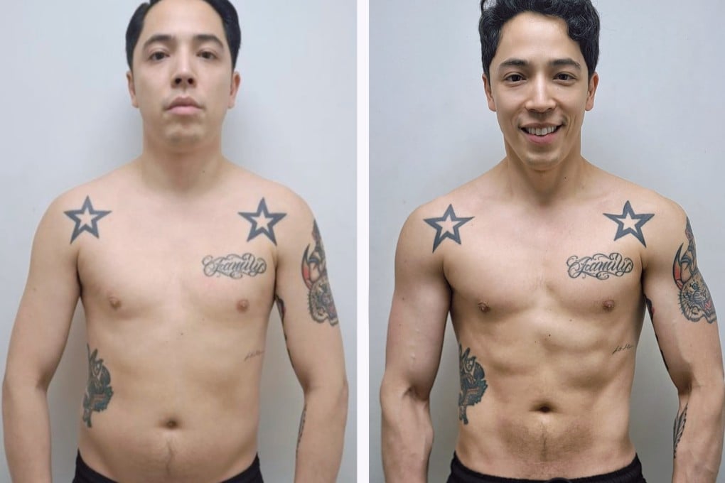 Ryan Merszei in April 2024 (left) weighing 73kg and with 25 per cent body fat, and 11 months later at 64kg and 13 per cent body fat after quitting alcohol, following an exercise programme and changing his diet. Photo: Ryan Merszei