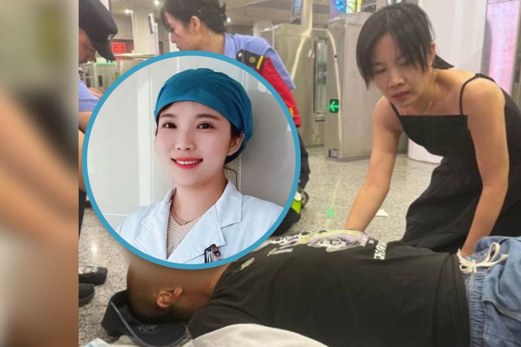A Chinese nurse has saved a man having an epileptic seizure at a railway station after she rushed to help, leaving her children behind. Photo: SCMP composite/Douyin