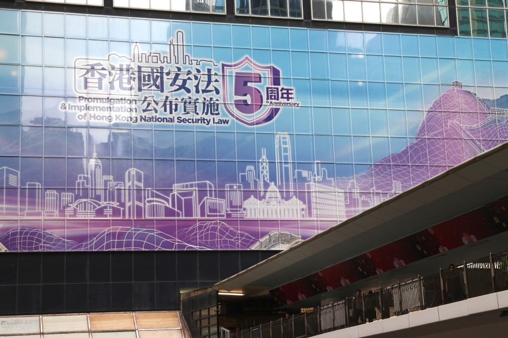 A giant banner promoting the national security law is displayed outside a building in Wan Chai. Photo: Jelly Tse