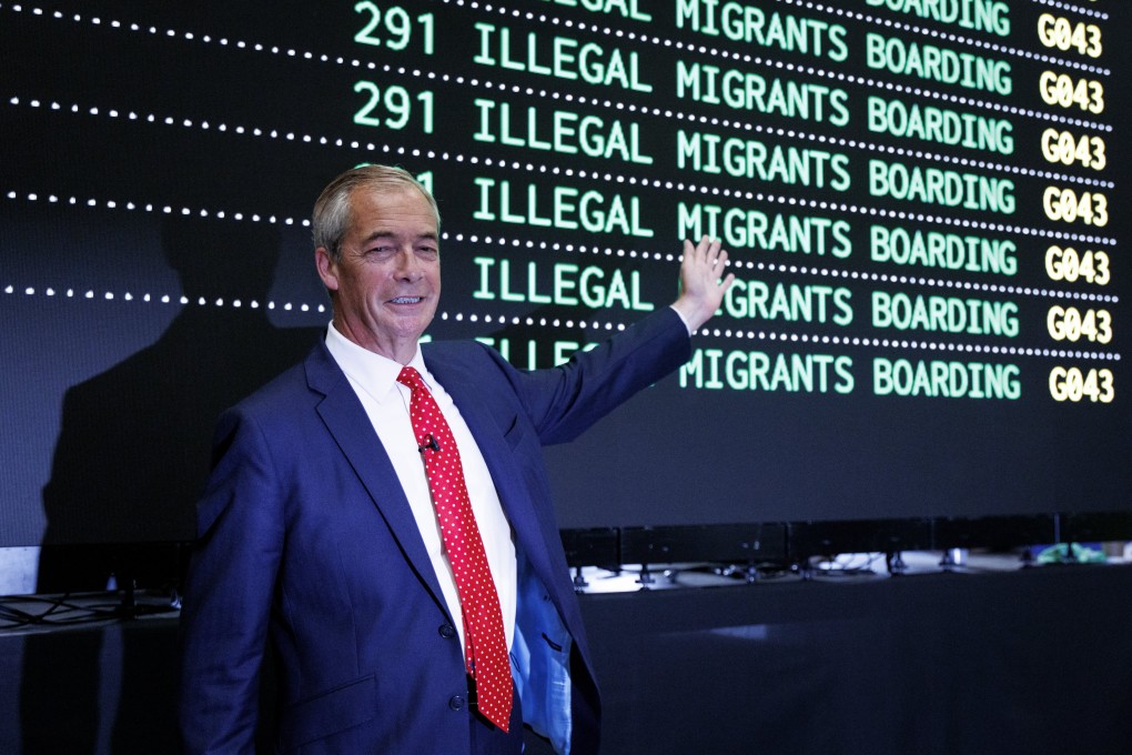 Reform UK Nigel Farage poses in front of a screen displaying “deportation departures” at the launch of his party’s plan to deport asylum seekers, at Oxford Airport in Kidlington, Britain on Tuesday. Photo: EPA
