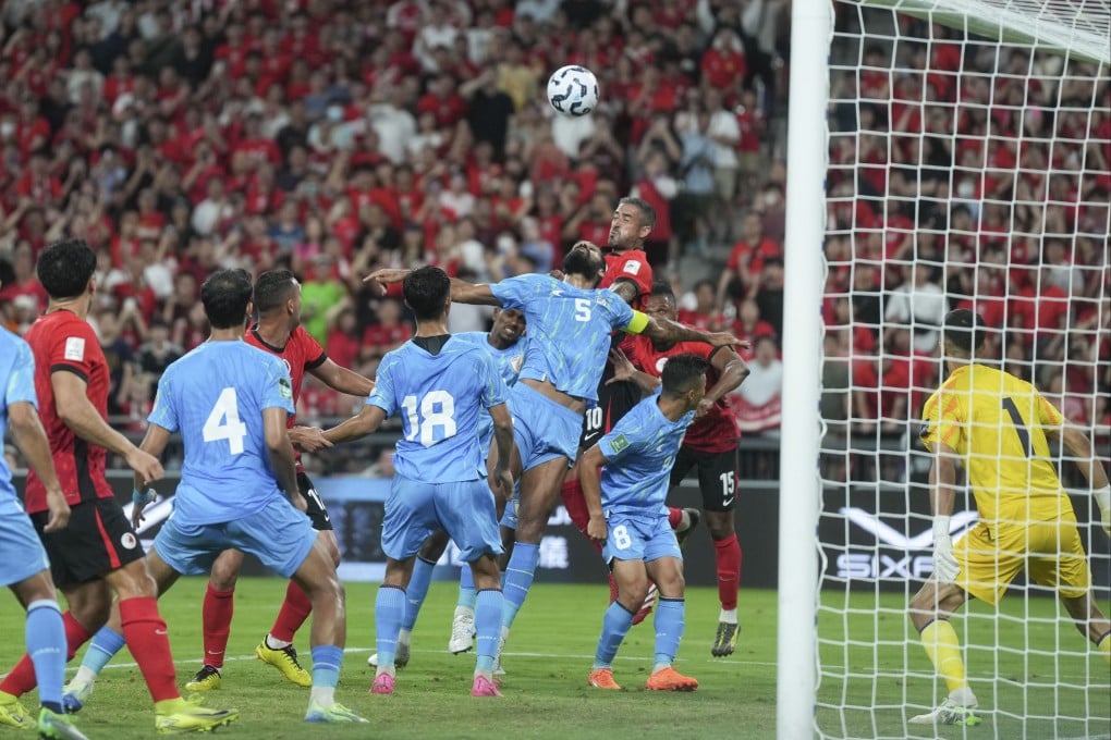 India players (blue) during their Asia Cup qualifying clash with Hong Kong at Kai Tak Stadium in June. Photo: Elson Li