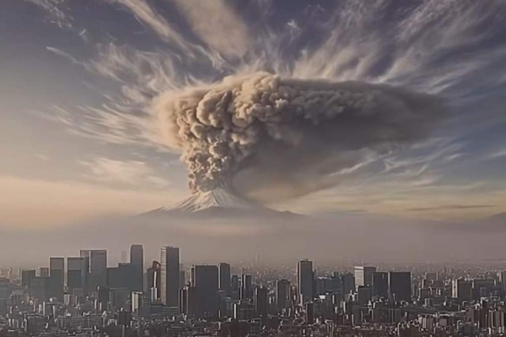 A screenshot of the video released by Japan’s Cabinet Office showing a simulate eruption of Mount Fuji. Photo: Japan’s Cabinet Office