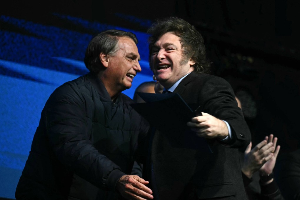 Former Brazilian president Jair Bolsonaro, left, and Argentina’s President Javier Milei in Camboriu, Santa Catarina State, Brazil in July 2024. Photo: AFP
