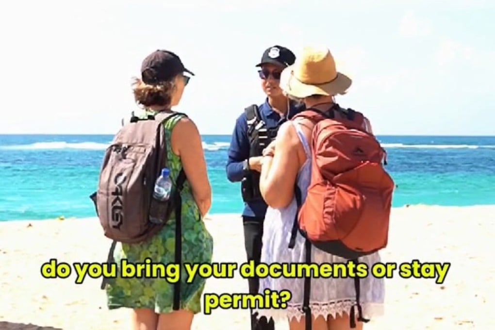 Screenshots from a video posted by Bali’s immigration office showing officers stopping tourists and asking to see their passports and stay permits. Photo: Instagram / imngurahrai