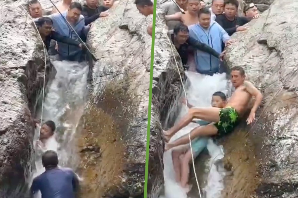 A young boy in China who became trapped between huge rocks while playing in a fast-flowing river was saved by a group of men who formed a human barrier. Photo: SCMP composite/Douyin