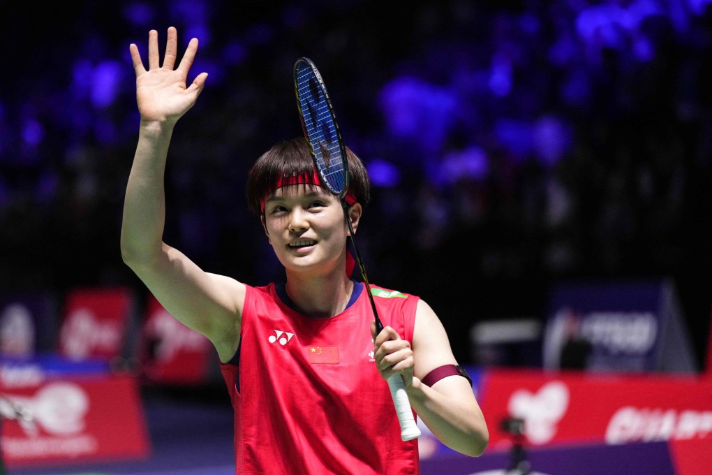 China’s Wang Zhi Yi celebrates after winning her first-rounf match against Hungary’s Agnes Korosi at the Badminton BWF World Championships in Paris. Photo: AFP