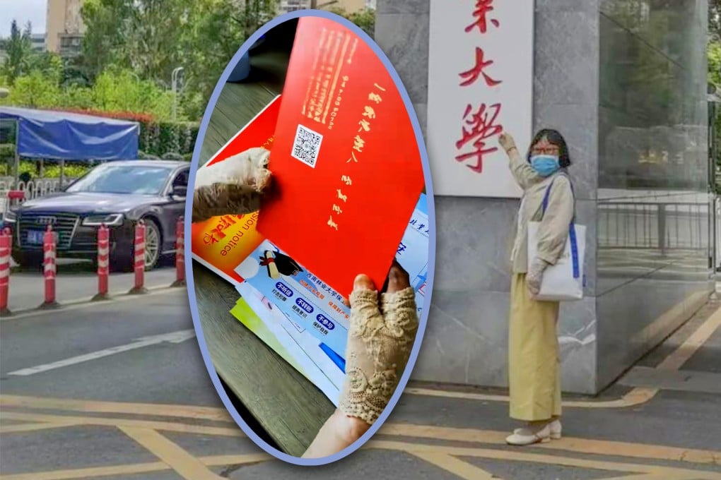 A disfigured 50-year-old woman in China has been accepted into a top university after she studied the books her son used to fail the same test. Photo: SCMP composite/Douyin/Jimu