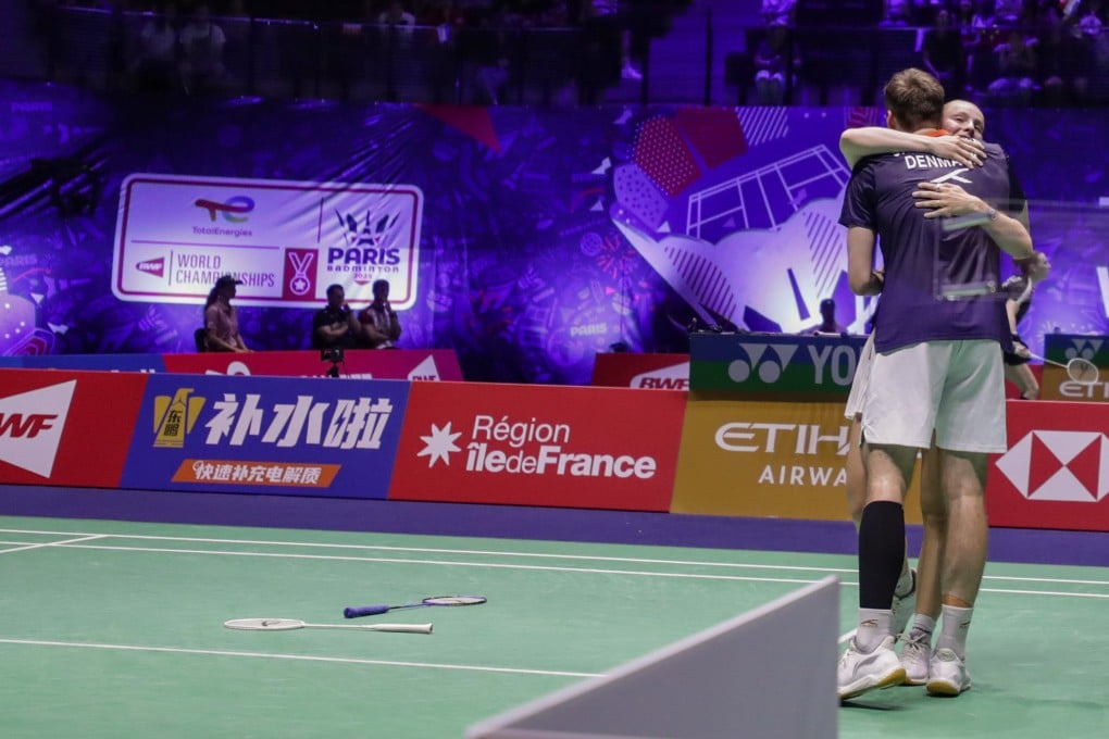 Denmark’s Mathias Christiansen and Alexandra Boje celerate after beating Feng Yanzhe and Huang Dongping at the BWF World Championships. Photo: Xinhua