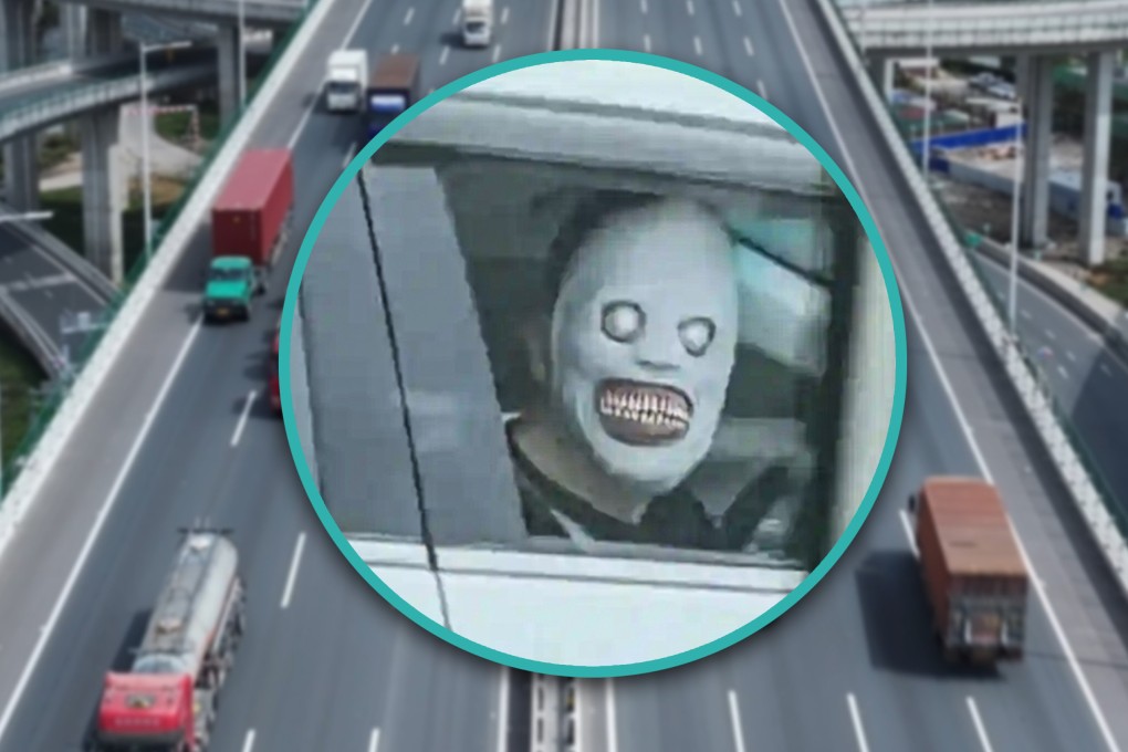 A foreign teacher in China who wore a scary mask while looking out of a car window on a highway could face legal penalties. Photo: SCMP composite/Shutterstock/Baidu