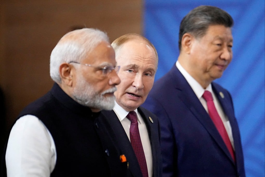From left, Indian Prime Minister Narendra Modi, Russian President Vladimir Putin and President Xi Jinping attend a family photo ceremony before the Brics summit plenary session in Kazan, Russia, on October 23, 2024. Photo: Reuters