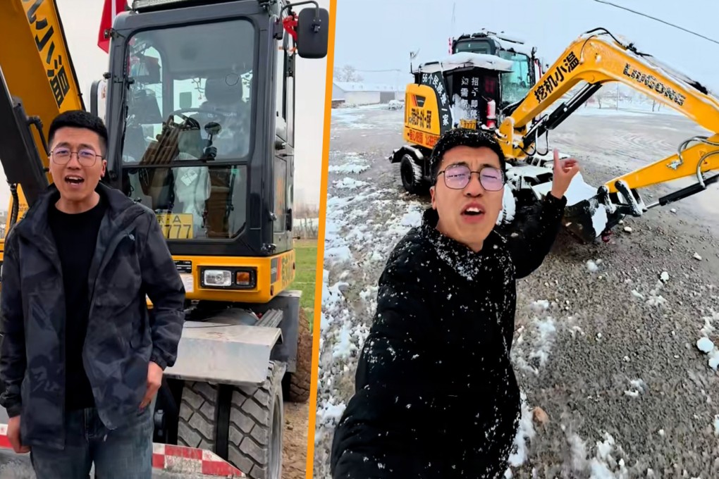 A 27-year-old man went viral for travelling across 13 provinces and regions in China over six months using an excavator. Photo: SCMP composite/Douyin