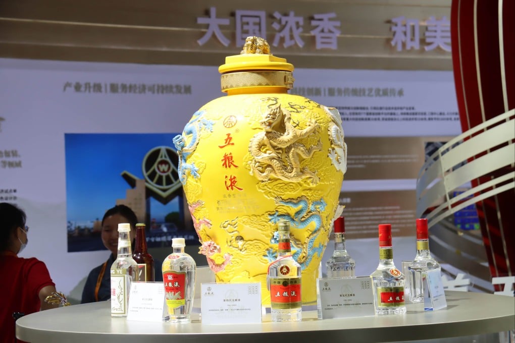 Liquor bottles from Wuliangye Yibin are displayed at the the China International Fair for Trade in Services in Beijing last September. Photo: VCG via Getty Images