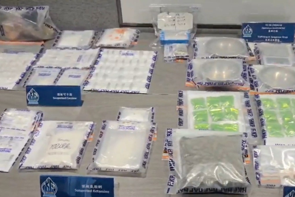 Police seized a wide range of suspected drugs with a street value of HK$3.5 million, including etomidate-laced e-cigarette pods and cocaine. Photo: Handout