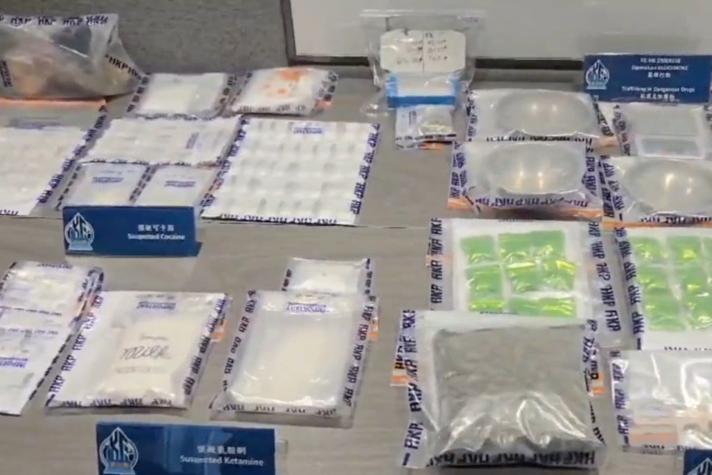 Police seized a wide range of suspected drugs with a street value of HK$3.5 million, including etomidate-laced e-cigarette pods and cocaine. Photo: Handout