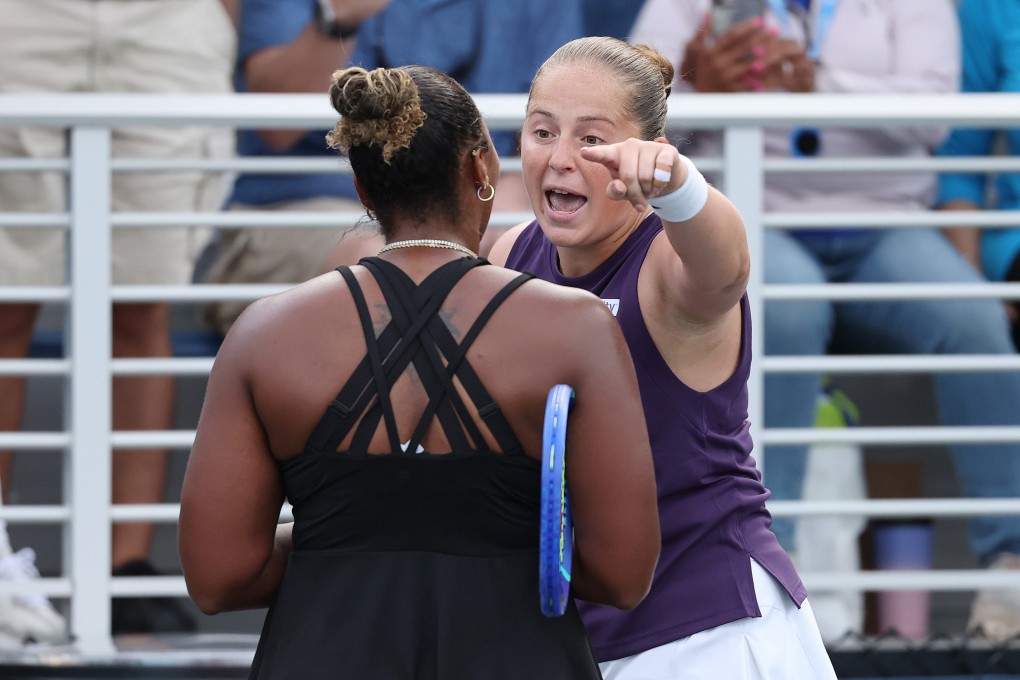 Latvia’s Jelena Ostapenko (right) argues with American Taylor Townsend after their second-round US Open match on Wednesday. Photo: TNS