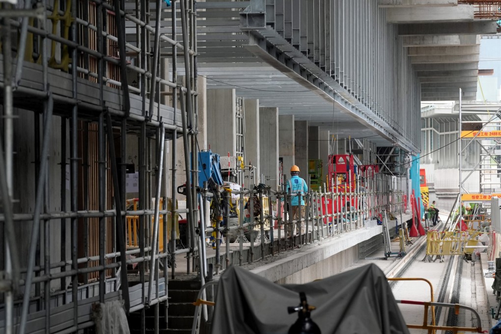Construction work is seen at the new Tung Chung East MTR station on April 9. A subcontractor reportedly opted for non-contract-specified bricks to build partitions in the station’s equipment rooms. Photo: Elson Li