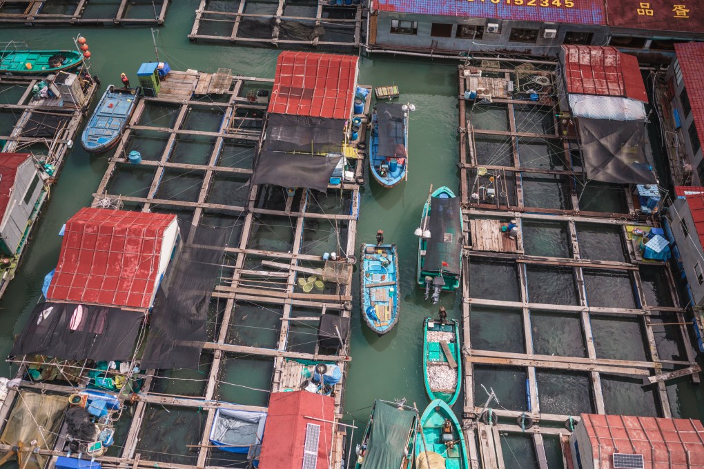 An aerial view of floating fishing village houseboats and fish farms in Lingshui. Photo: Shutterstock