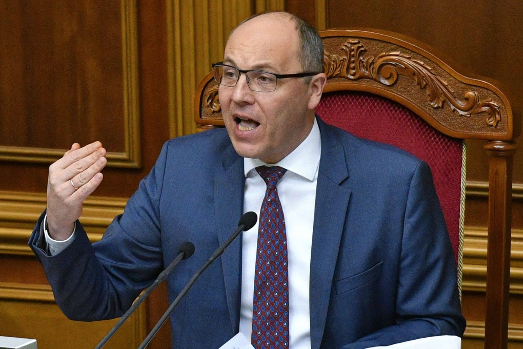 Then speaker of the Supreme Council of Ukraine, Andriy Parubiy, speaks to members of parliament in Kyiv in 2018. Parubiy, who was shot dead in Lviv on Saturday, was one of the protest leaders in 2013-14 calling for closer ties with the European Union. Photo: AFP