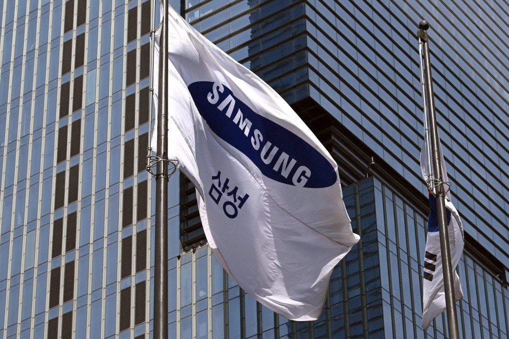 A Samsung flag outside the company’s Seocho building in Seoul. Photo: AFP