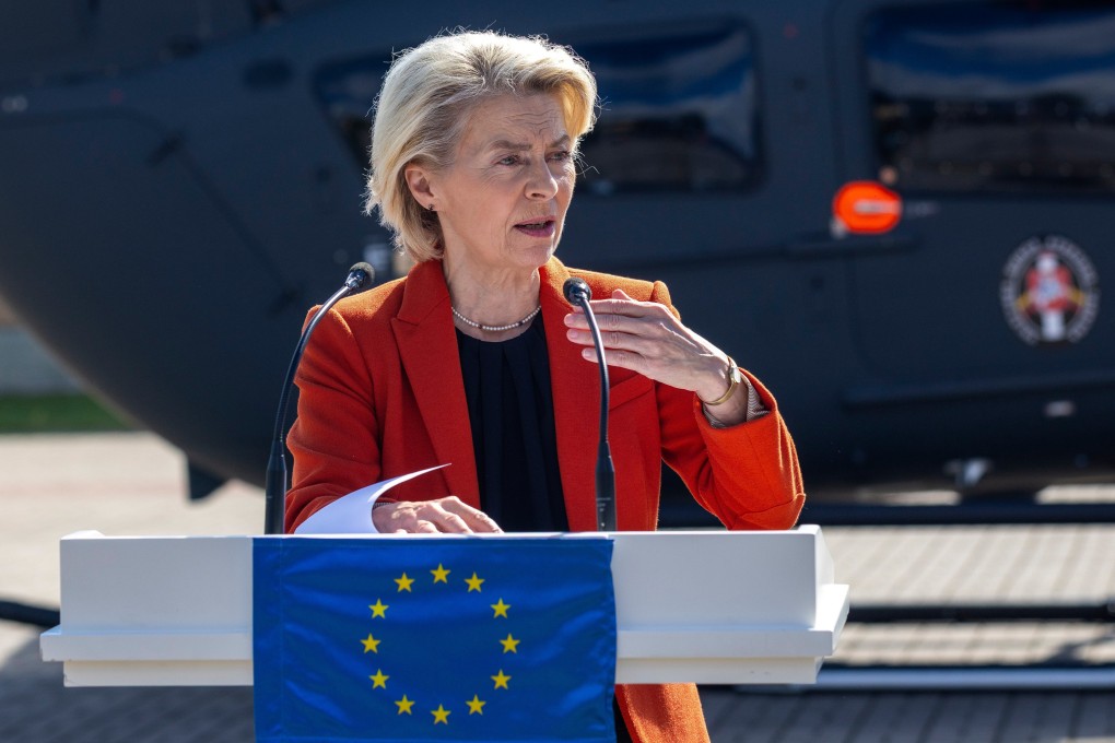 President of European Commission Ursula von der Leyen speaks during a joint press conference with Lithuania’s President Gitanas Nauseda near Lithuanian-Belarusian border on Monday. Photo: AP