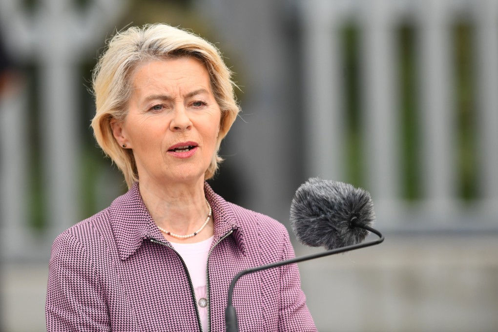 European Commission President Ursula von der Leyen at the Poland-Belarus border in Krynki, Poland on Sunday. Photo: EPA