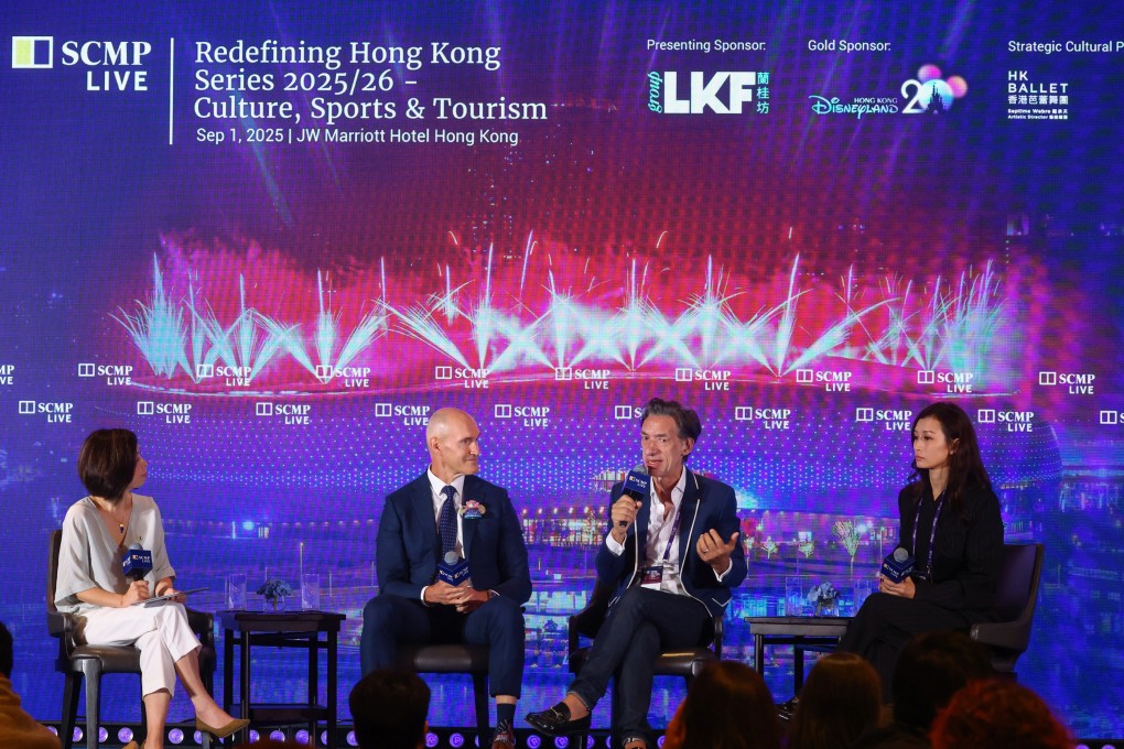 Olga Wong, deputy Hong Kong editor of the South China Morning Post, left, alongside Vice President and Chief Financial Officer of Hong Kong Disneyland Resort, Lesz Banham, Artistic Director of Hong Kong Ballet, Septime Webre and Chief Marketing Officer of Live Nation Connects, Colleen Yu, at the ‘Redefining Hong Kong conference on Culture, Sports and Tourism’, hosted by the South China Morning Post. Photo: Dickson Lee