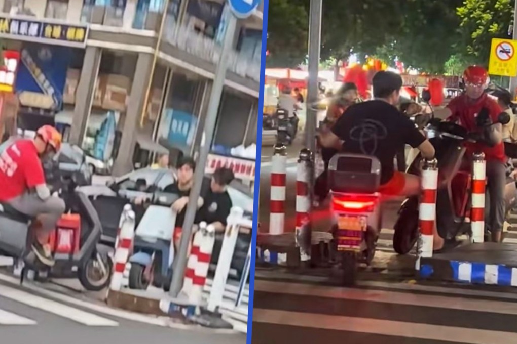 A delivery rider and a man on an electric bike in China faced off for four hours at a narrow crossing, refusing to let each other pass.  Photo: SCMP composite/Douyin